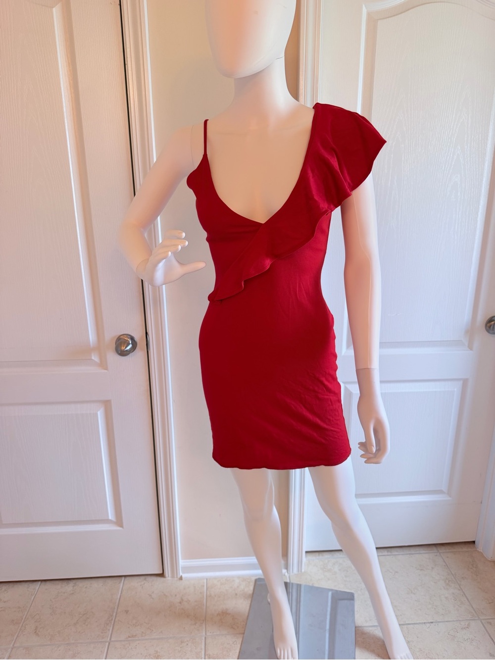 Amanda Uprichard Gimlet Red One-Shoulder Ruffle Mini Bodycon Dress Size S